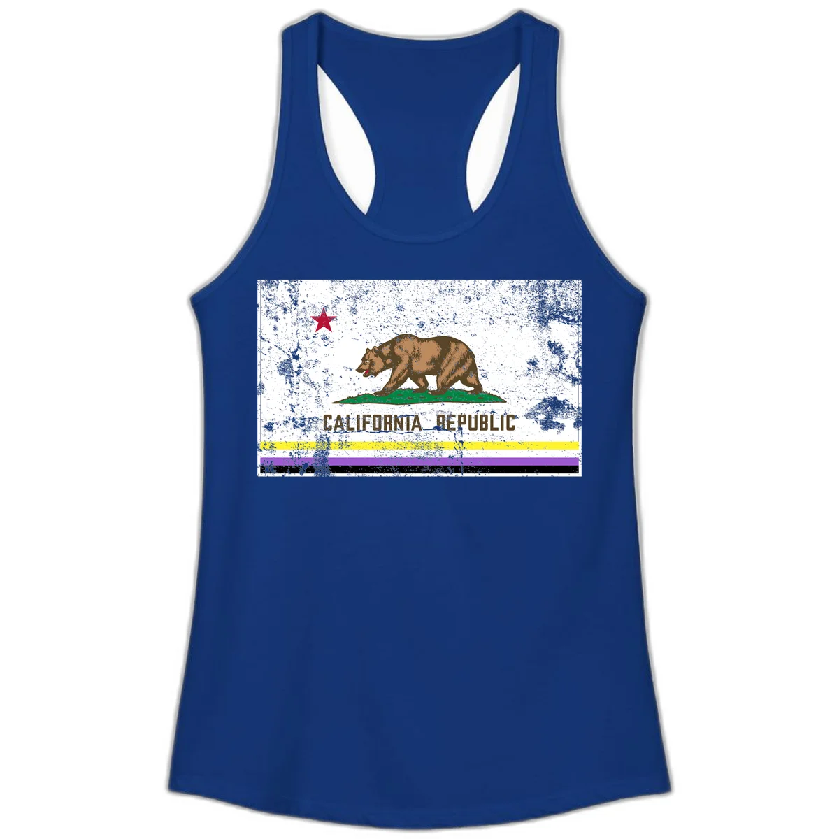 Vintage distressed California Republic bear design with red star, standing on green grass, with yellow, purple, and black pride flag stripes below in Solid Royal
