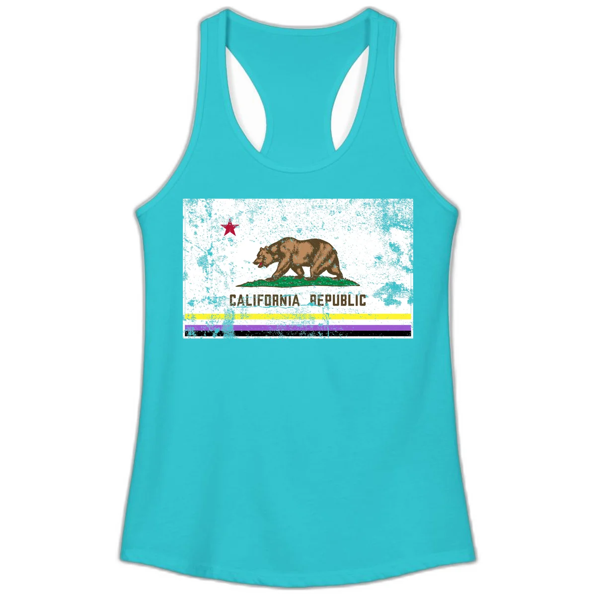 Vintage distressed California Republic bear design with red star, standing on green grass, with yellow, purple, and black pride flag stripes below in Solid Tahiti Blue
