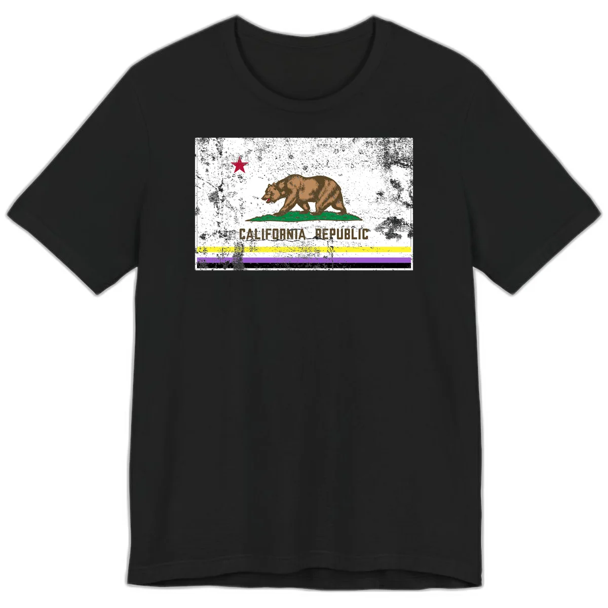 Vintage distressed California Republic bear design with red star, standing on green grass, with yellow, purple, and black pride flag stripes below in Black
