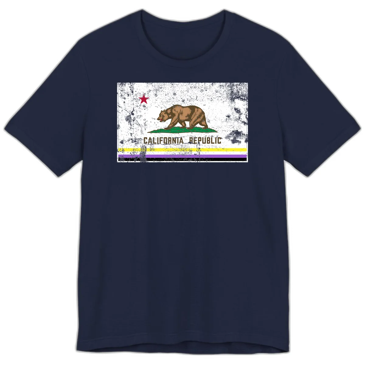 Vintage distressed California Republic bear design with red star, standing on green grass, with yellow, purple, and black pride flag stripes below in Navy