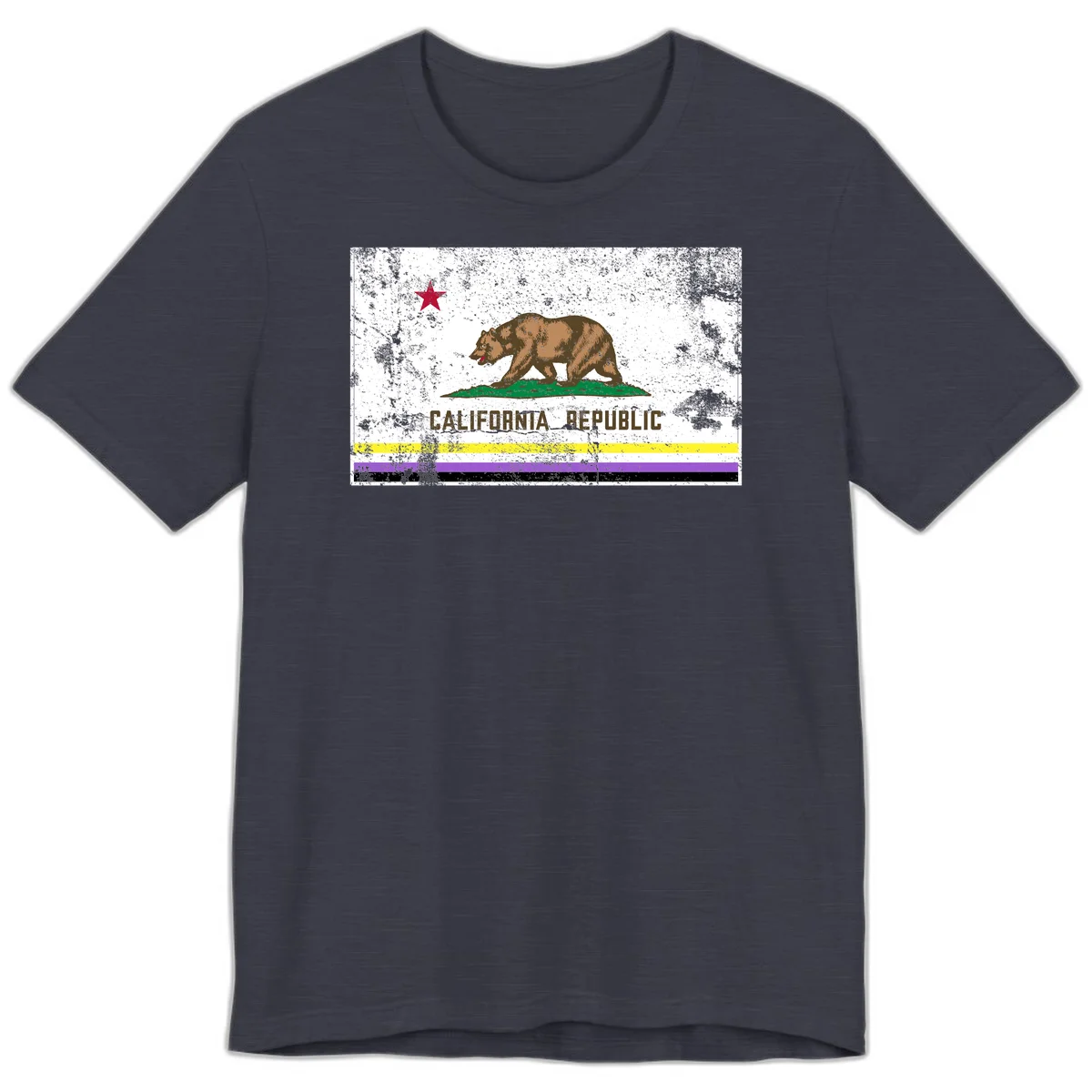 Vintage distressed California Republic bear design with red star, standing on green grass, with yellow, purple, and black pride flag stripes below in Heather Midnight Navy