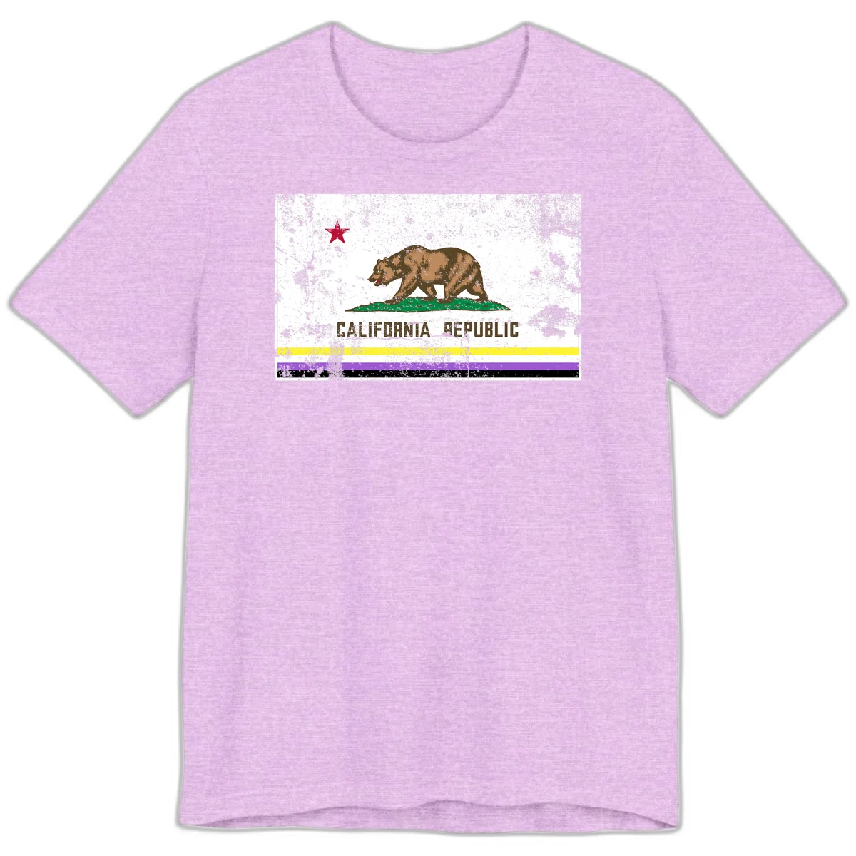 Vintage distressed California Republic bear design with red star, standing on green grass, with yellow, purple, and black pride flag stripes below in Heather Prism Lilac
