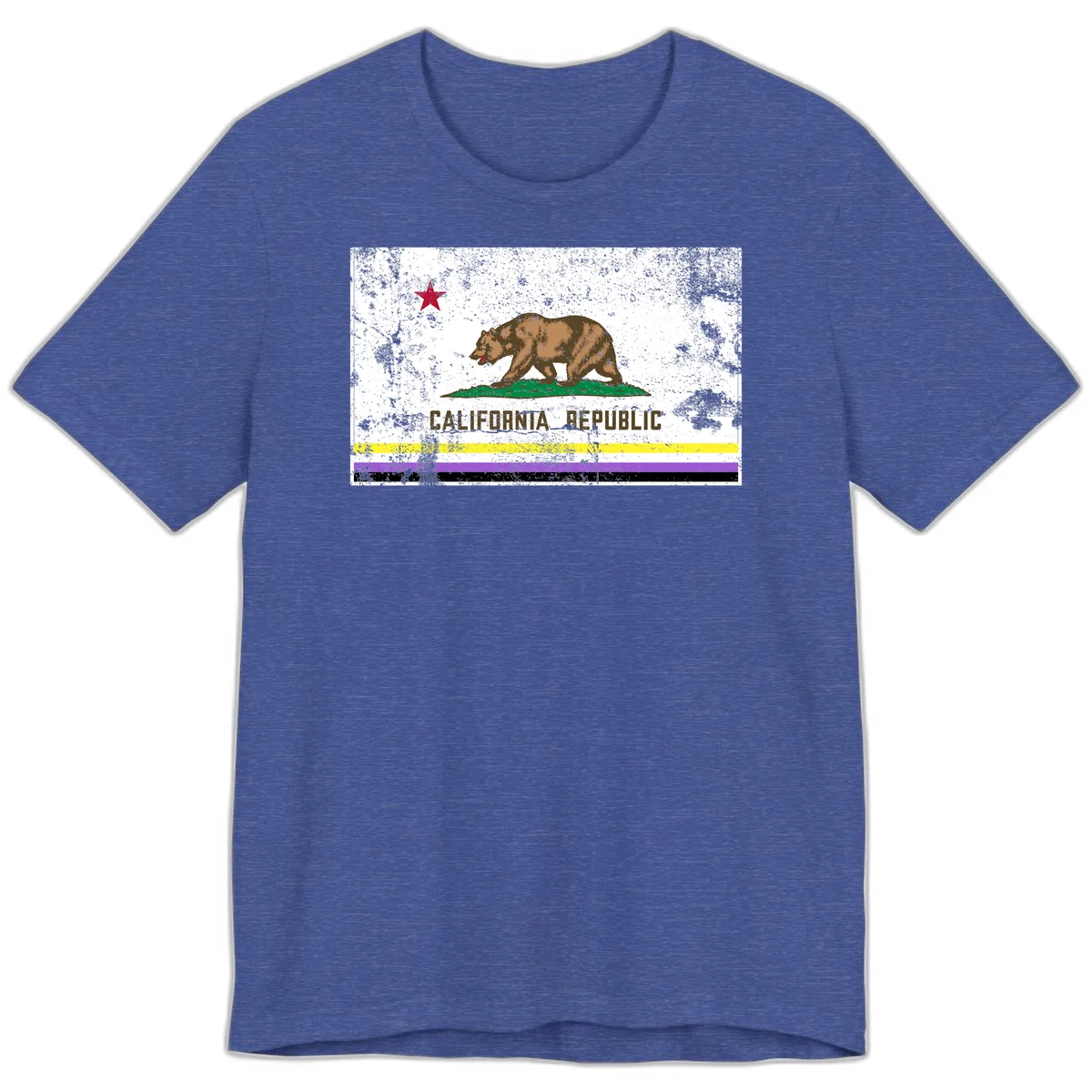 Vintage distressed California Republic bear design with red star, standing on green grass, with yellow, purple, and black pride flag stripes below in Heather True Royal