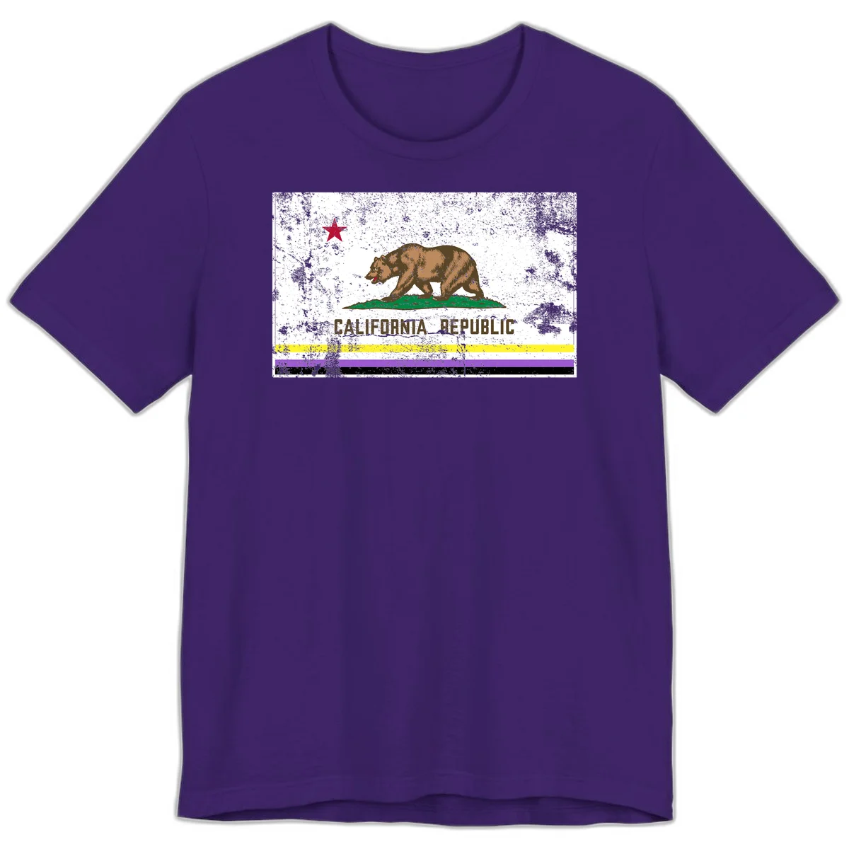 Vintage distressed California Republic bear design with red star, standing on green grass, with yellow, purple, and black pride flag stripes below in Team Purple