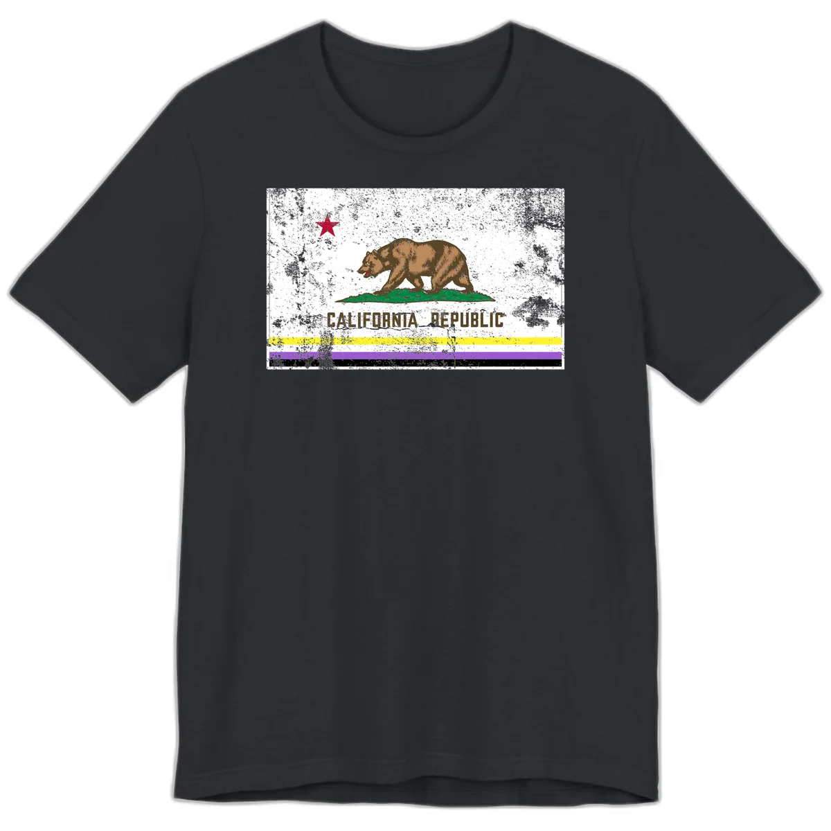 Vintage distressed California Republic bear design with red star, standing on green grass, with yellow, purple, and black pride flag stripes below in Vintage Black