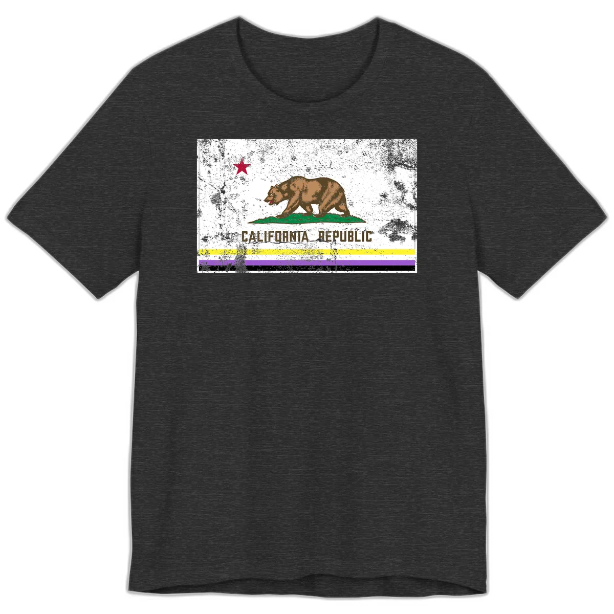 Vintage distressed California Republic bear design with red star, standing on green grass, with yellow, purple, and black pride flag stripes below in Dark Grey Heather