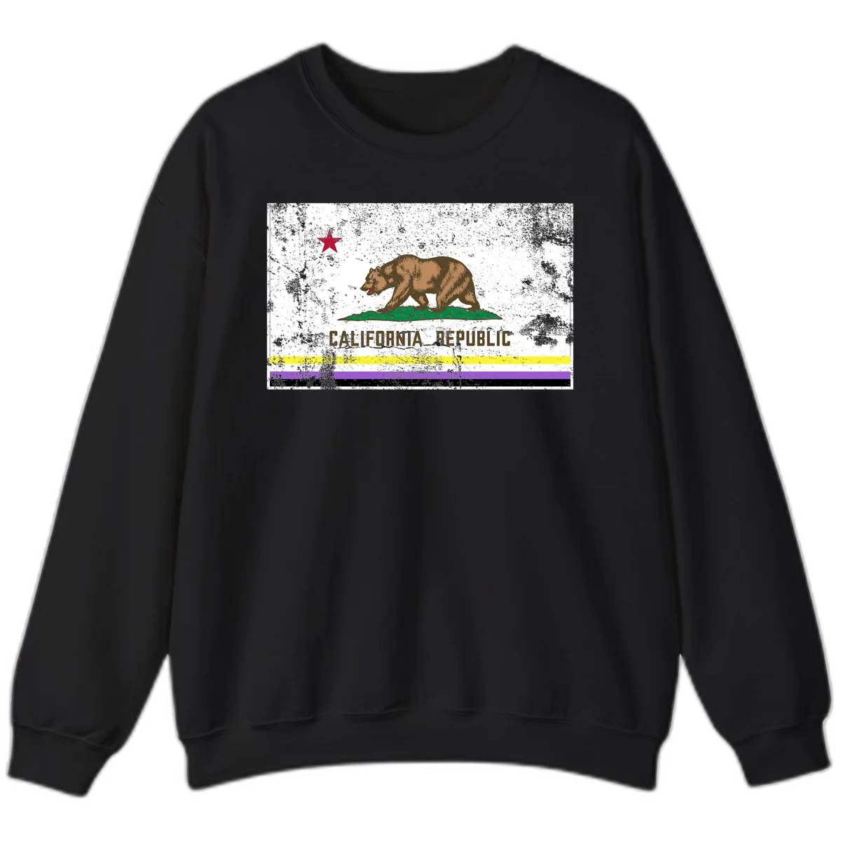 Vintage distressed California Republic bear design with red star, standing on green grass, with yellow, purple, and black pride flag stripes below in Black