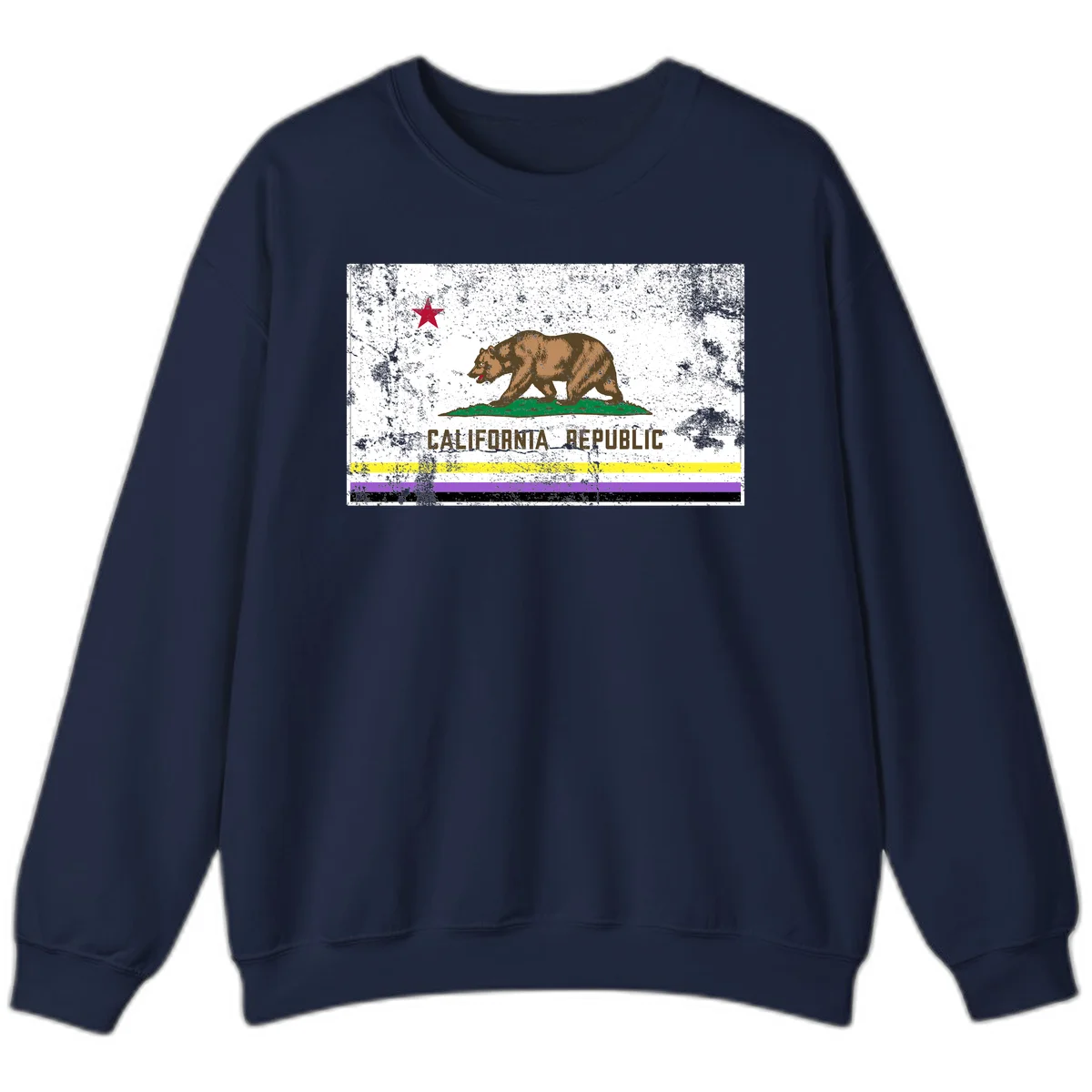 Vintage distressed California Republic bear design with red star, standing on green grass, with yellow, purple, and black pride flag stripes below in Navy