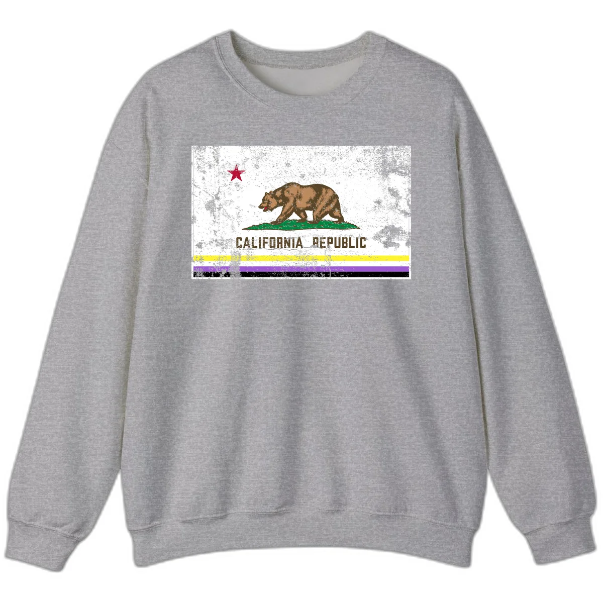 Vintage distressed California Republic bear design with red star, standing on green grass, with yellow, purple, and black pride flag stripes below in Sport Grey