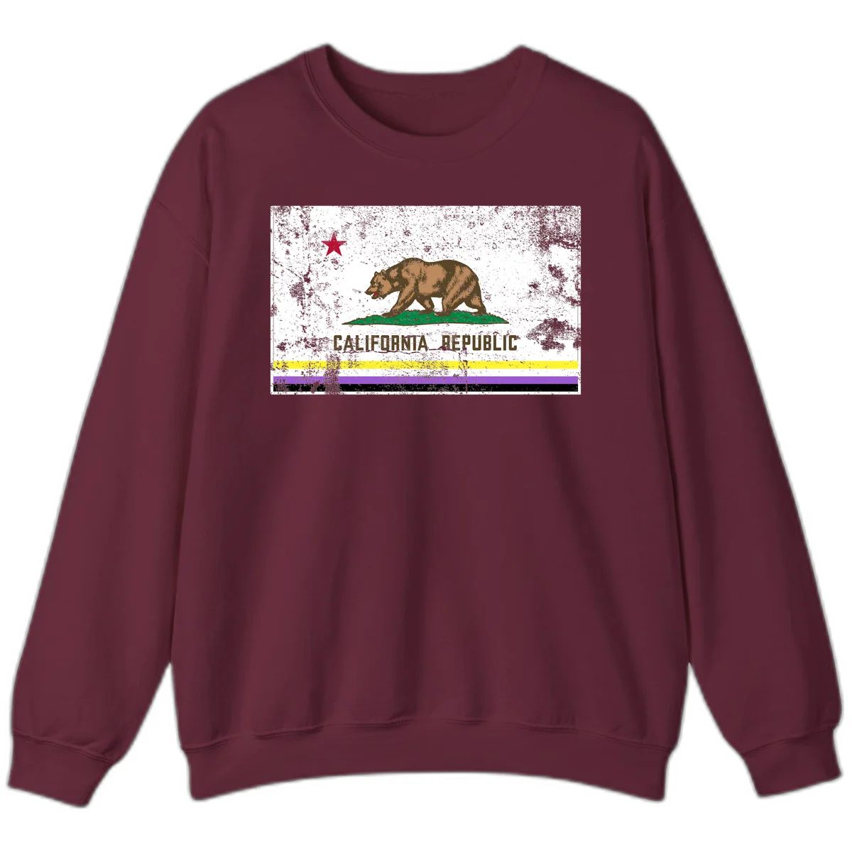 Vintage distressed California Republic bear design with red star, standing on green grass, with yellow, purple, and black pride flag stripes below in Maroon