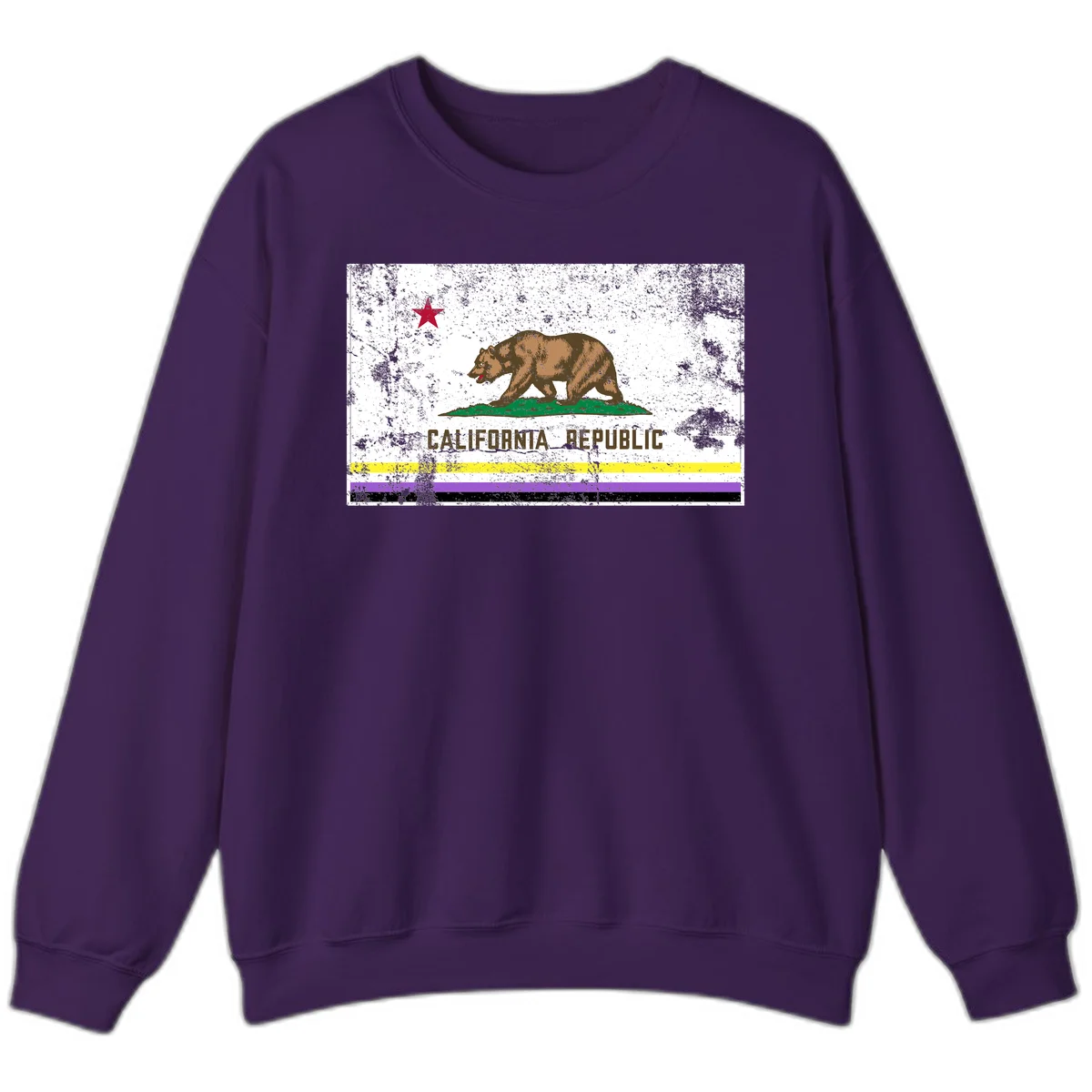 Vintage distressed California Republic bear design with red star, standing on green grass, with yellow, purple, and black pride flag stripes below in Purple