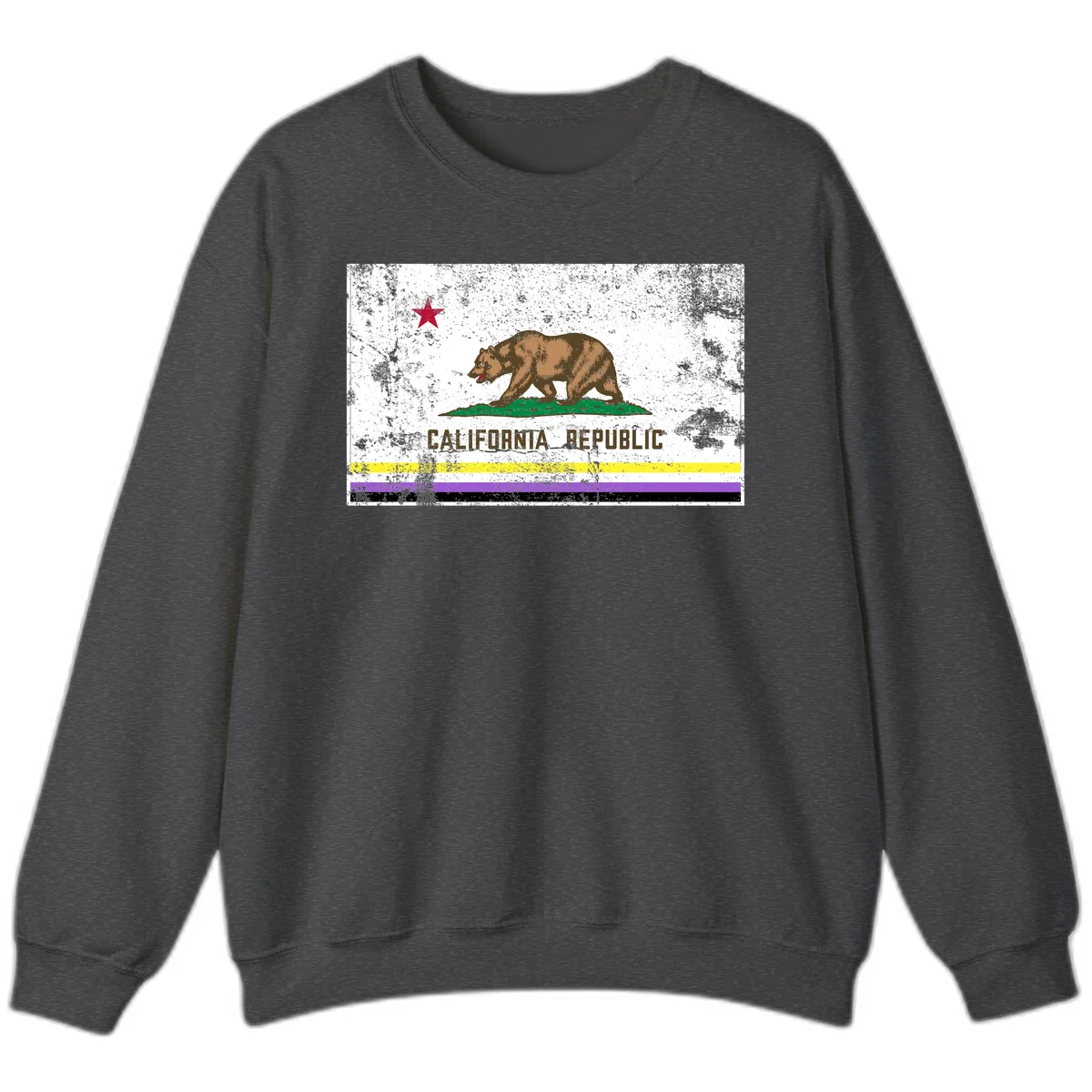 Vintage distressed California Republic bear design with red star, standing on green grass, with yellow, purple, and black pride flag stripes below in Dark Heather