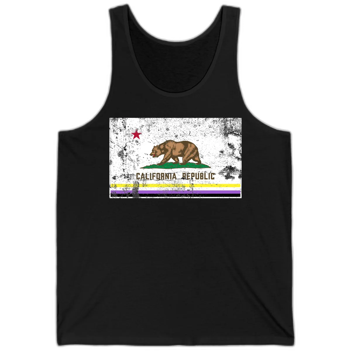 Vintage distressed California Republic bear design with red star, standing on green grass, with yellow, purple, and black pride flag stripes below in Black