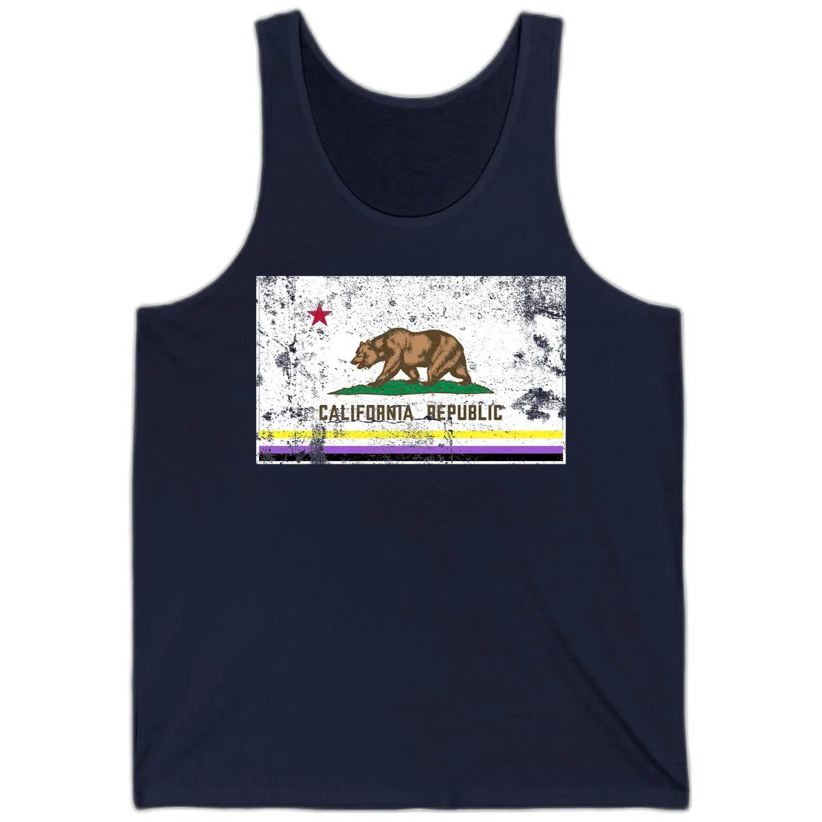 Vintage distressed California Republic bear design with red star, standing on green grass, with yellow, purple, and black pride flag stripes below in Navy