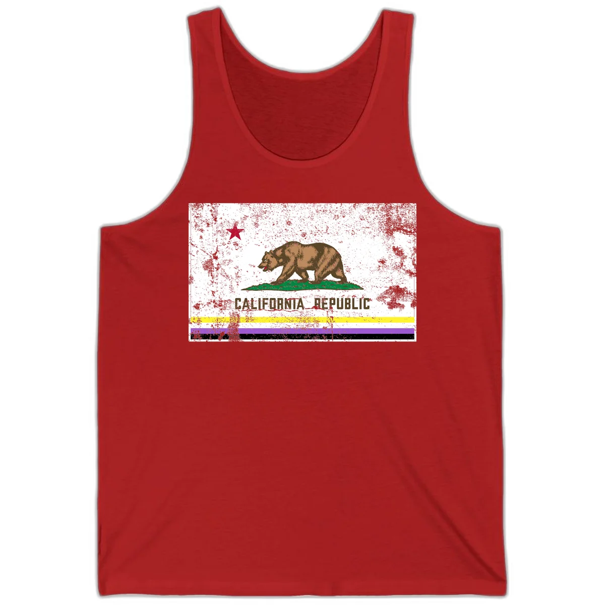 Vintage distressed California Republic bear design with red star, standing on green grass, with yellow, purple, and black pride flag stripes below in Red