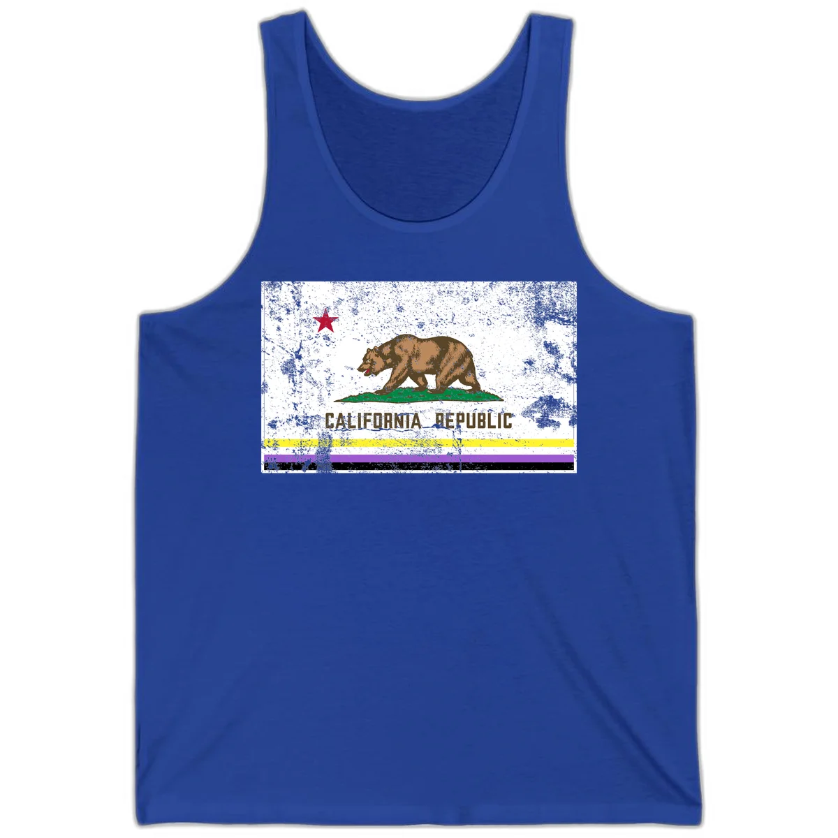 Vintage distressed California Republic bear design with red star, standing on green grass, with yellow, purple, and black pride flag stripes below in True Royal