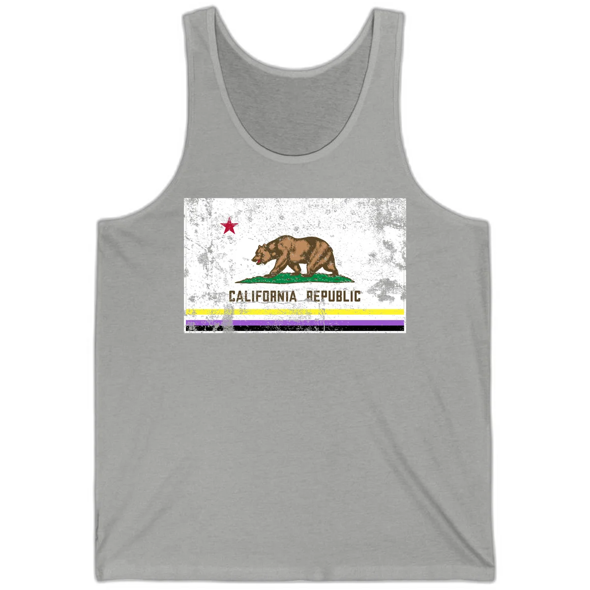 Vintage distressed California Republic bear design with red star, standing on green grass, with yellow, purple, and black pride flag stripes below in Athletic Heather