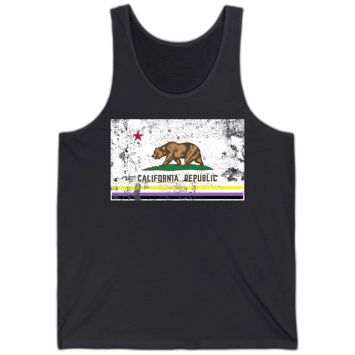Vintage distressed California Republic bear design with red star, standing on green grass, with yellow, purple, and black pride flag stripes below in Dark Grey