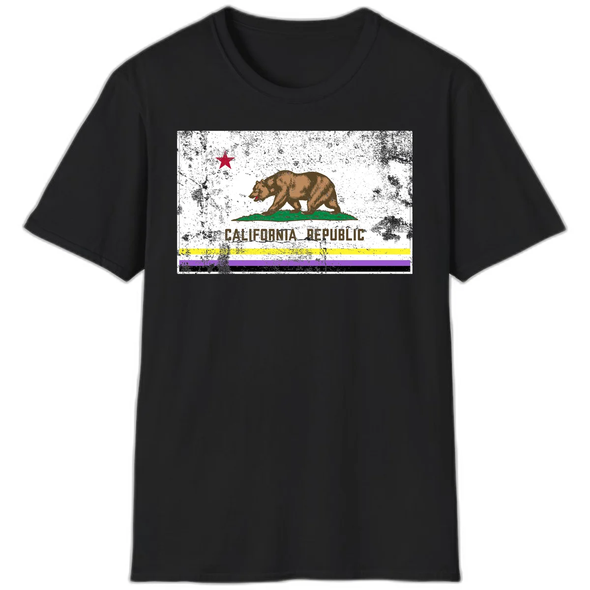 Vintage distressed California Republic bear design with red star, standing on green grass, with yellow, purple, and black pride flag stripes below in Black