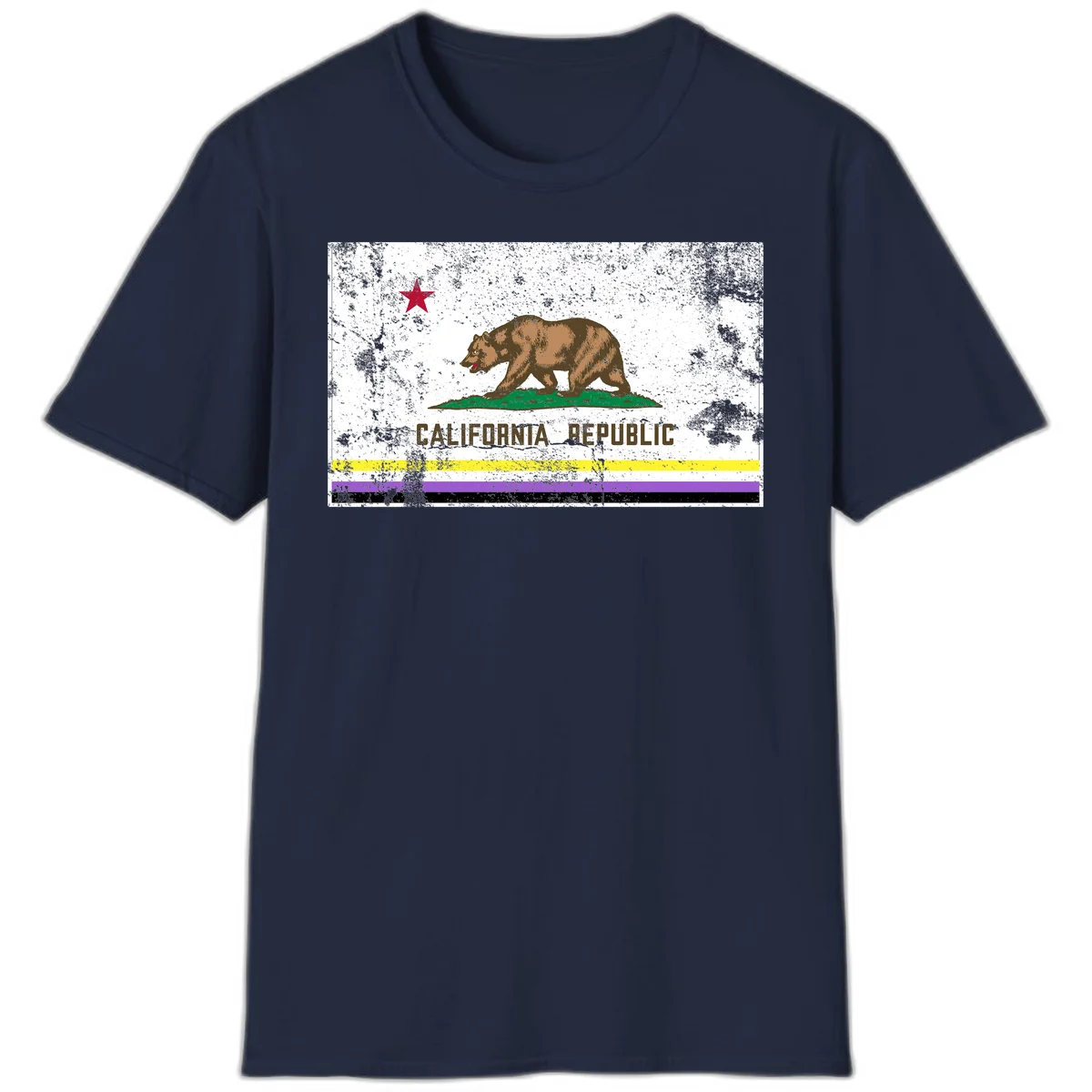 Vintage distressed California Republic bear design with red star, standing on green grass, with yellow, purple, and black pride flag stripes below in Navy