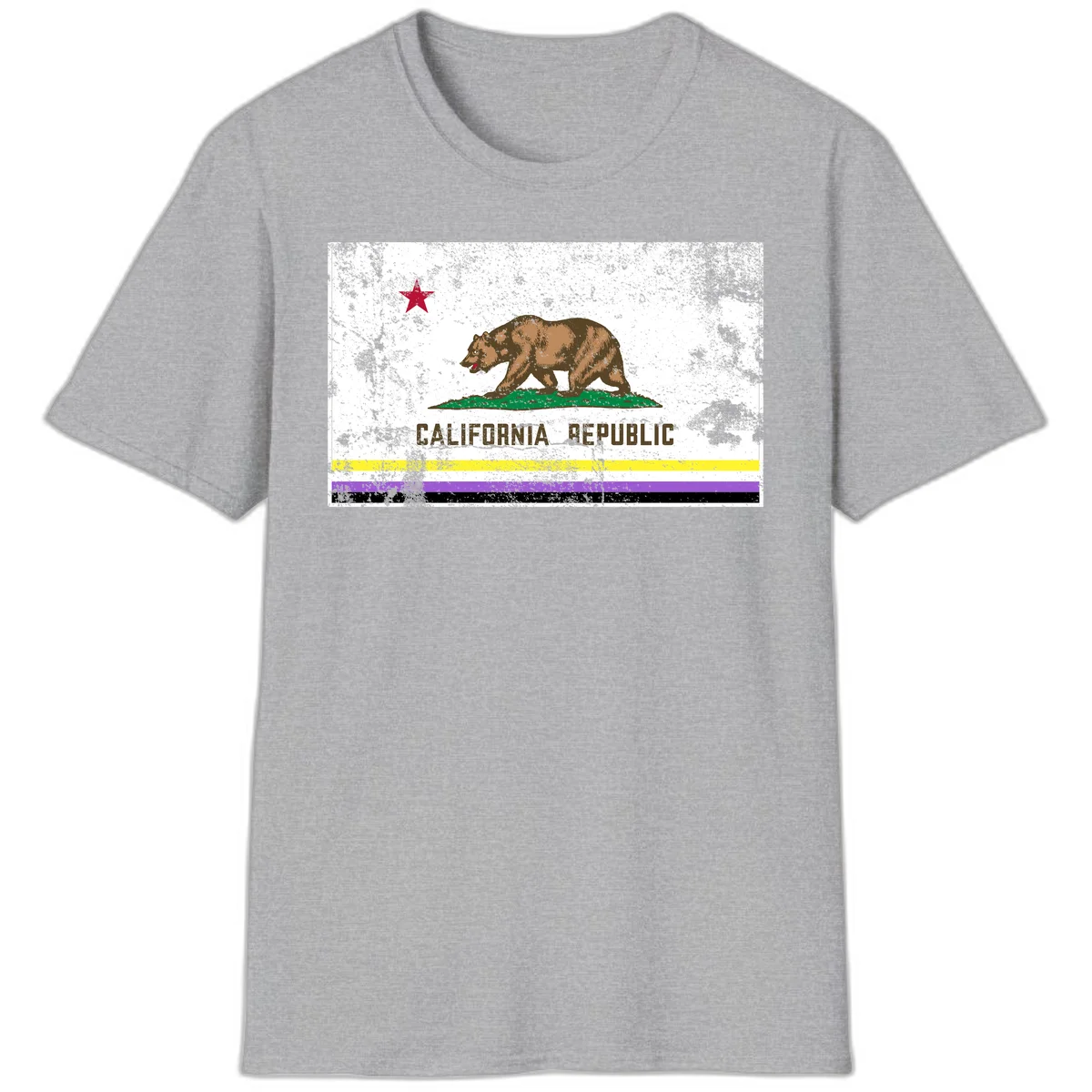 Vintage distressed California Republic bear design with red star, standing on green grass, with yellow, purple, and black pride flag stripes below in Sport Grey