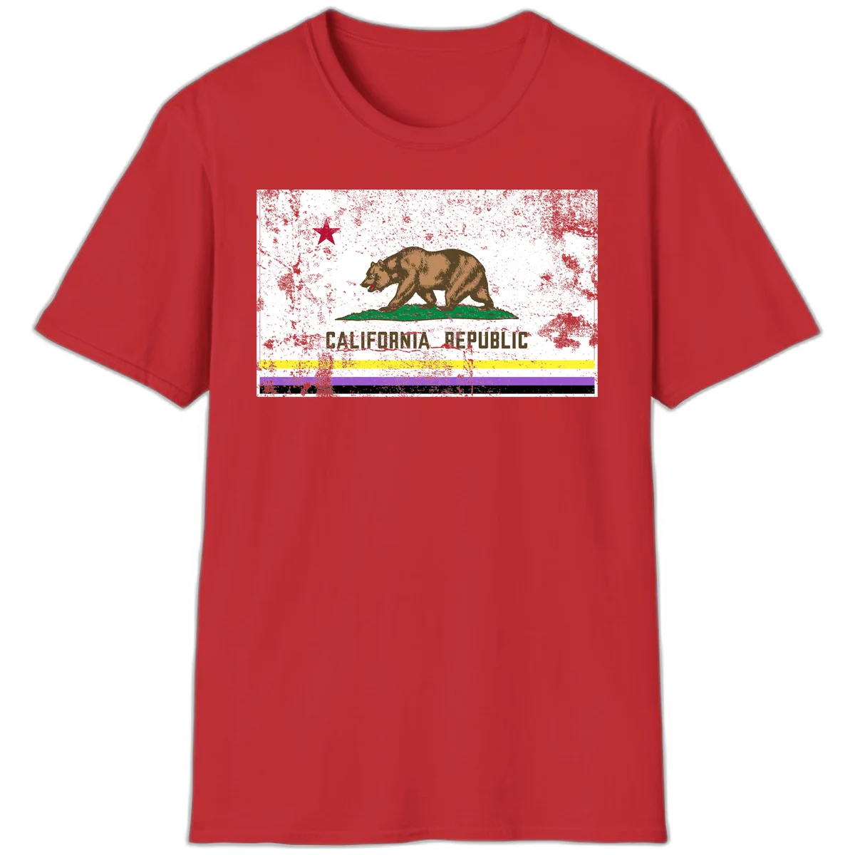 Vintage distressed California Republic bear design with red star, standing on green grass, with yellow, purple, and black pride flag stripes below in Red