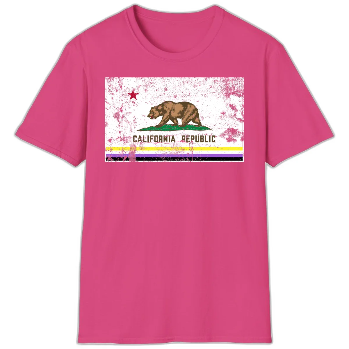 Vintage distressed California Republic bear design with red star, standing on green grass, with yellow, purple, and black pride flag stripes below in Heliconia