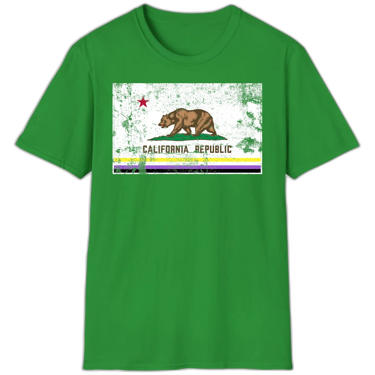 Vintage distressed California Republic bear design with red star, standing on green grass, with yellow, purple, and black pride flag stripes below in Irish Green