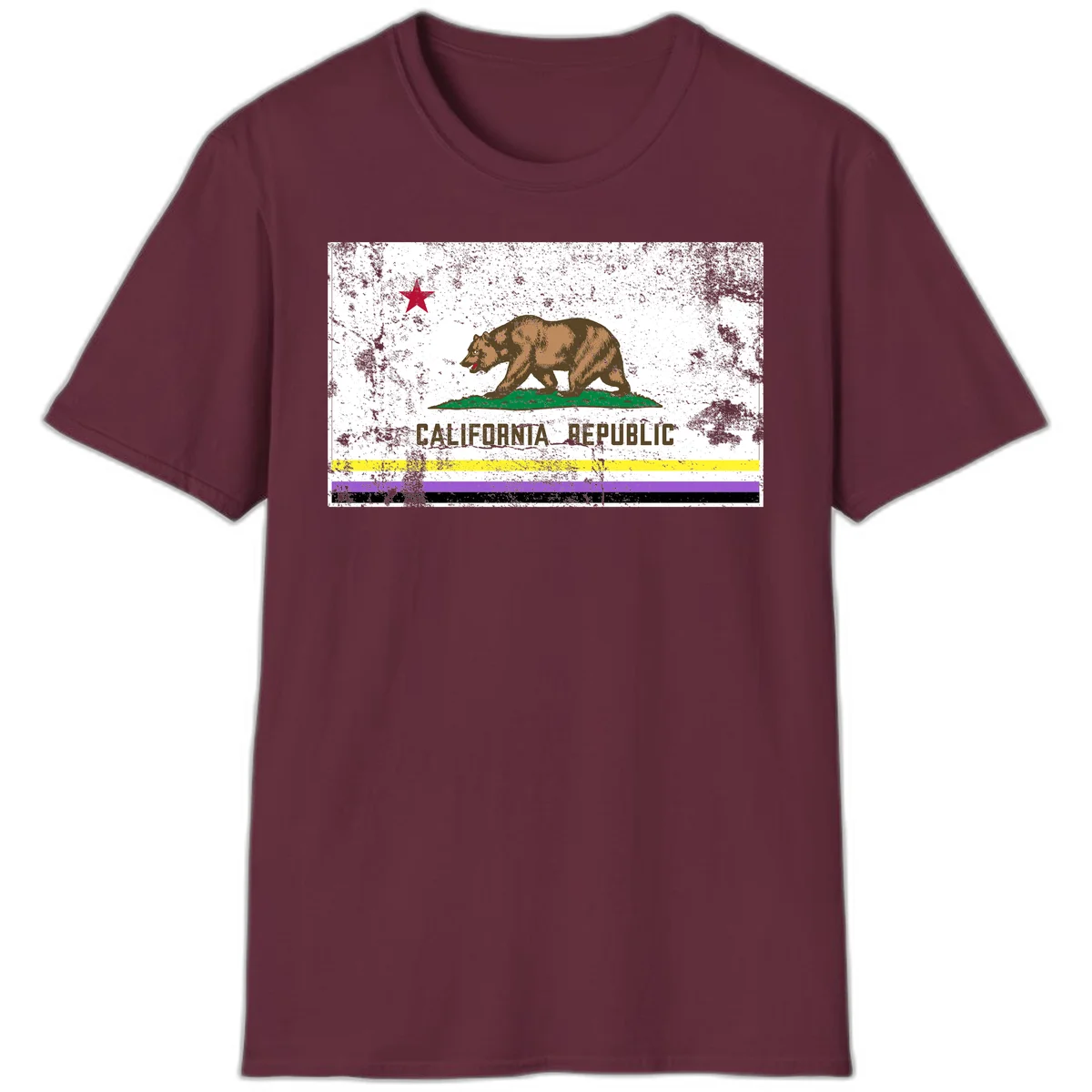 Vintage distressed California Republic bear design with red star, standing on green grass, with yellow, purple, and black pride flag stripes below in Maroon