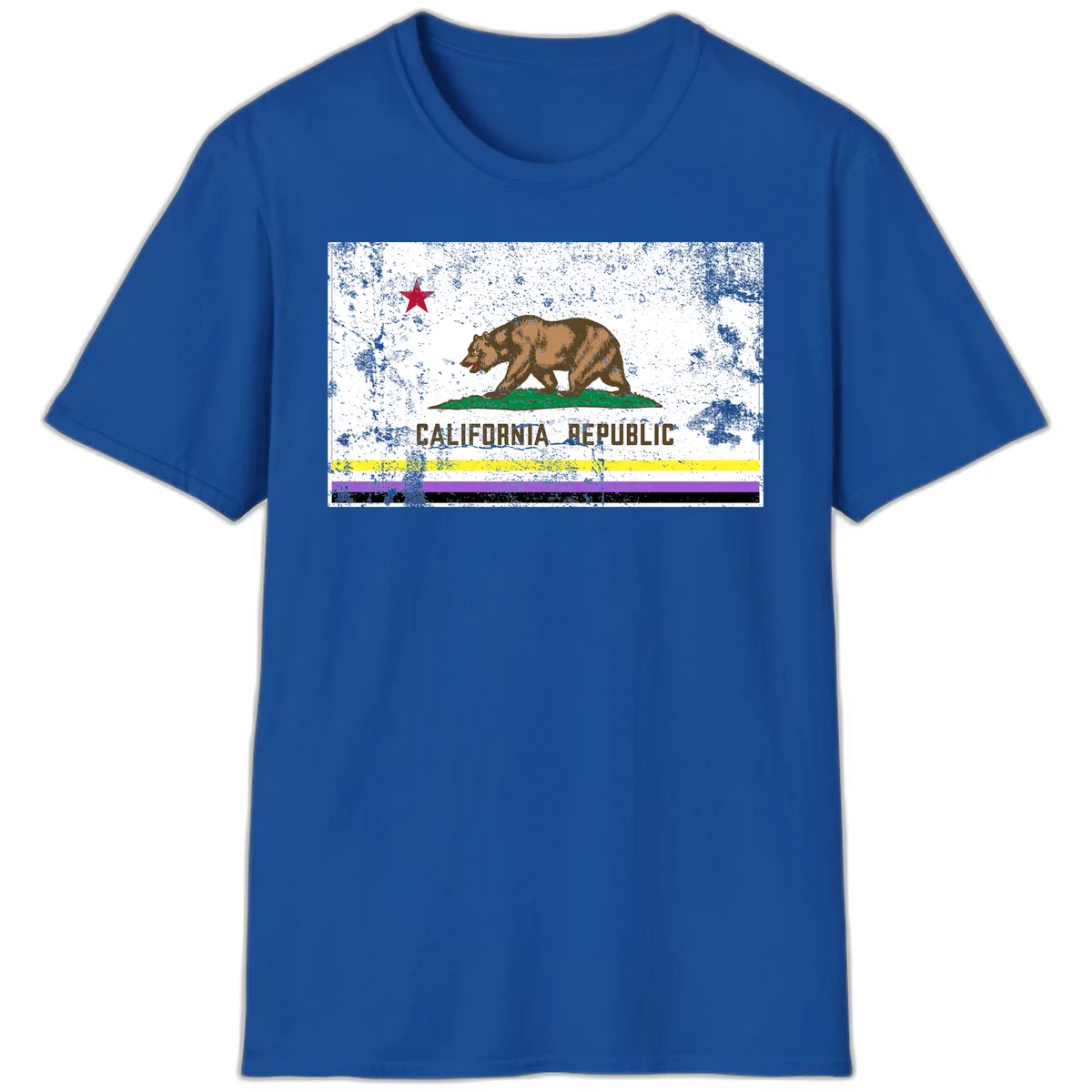 Vintage distressed California Republic bear design with red star, standing on green grass, with yellow, purple, and black pride flag stripes below in Royal