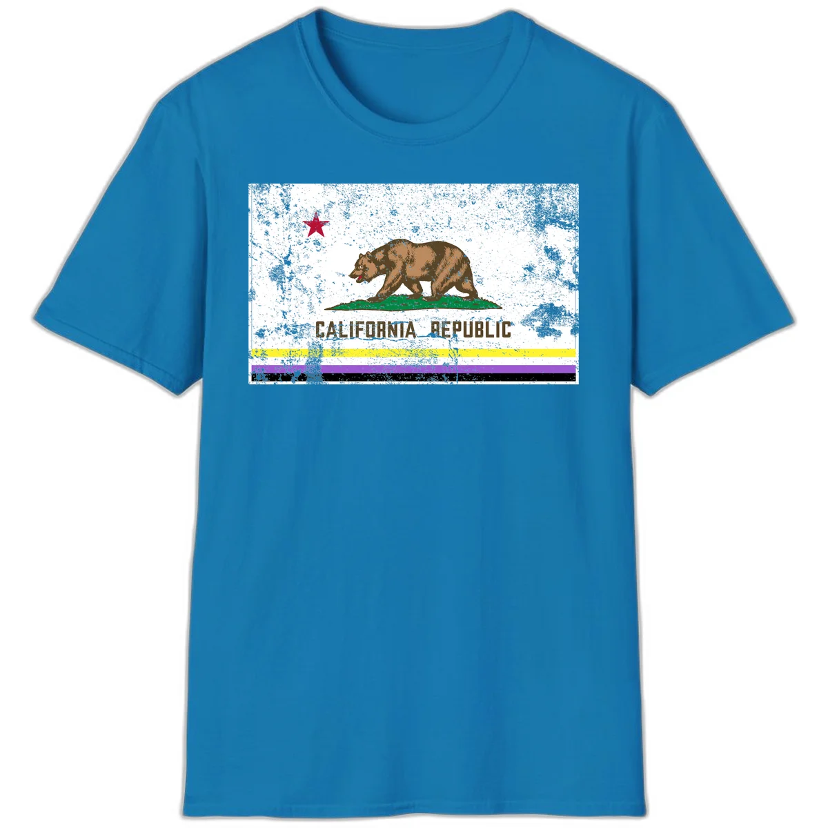 Vintage distressed California Republic bear design with red star, standing on green grass, with yellow, purple, and black pride flag stripes below in Sapphire