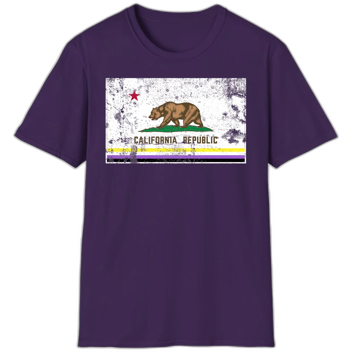 Vintage distressed California Republic bear design with red star, standing on green grass, with yellow, purple, and black pride flag stripes below in Purple