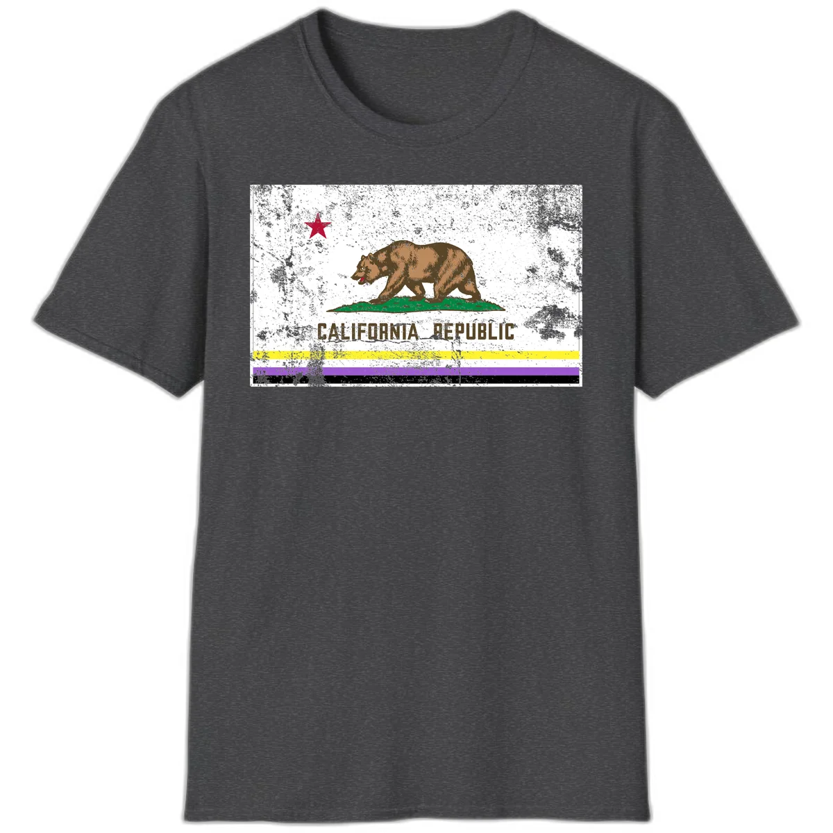 Vintage distressed California Republic bear design with red star, standing on green grass, with yellow, purple, and black pride flag stripes below in Dark Heather