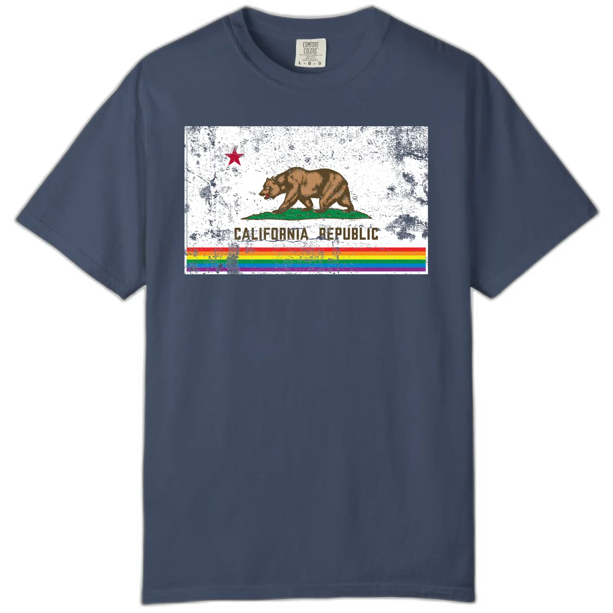 Distressed vintage California Republic flag bear with raised paw on green grass, red star above, CALIFORNIA REPUBLIC text, and rainbow pride stripes below in Midnight