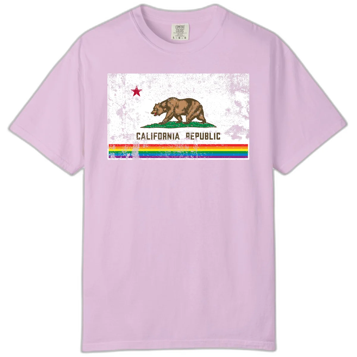 Distressed vintage California Republic flag bear with raised paw on green grass, red star above, CALIFORNIA REPUBLIC text, and rainbow pride stripes below in Orchid