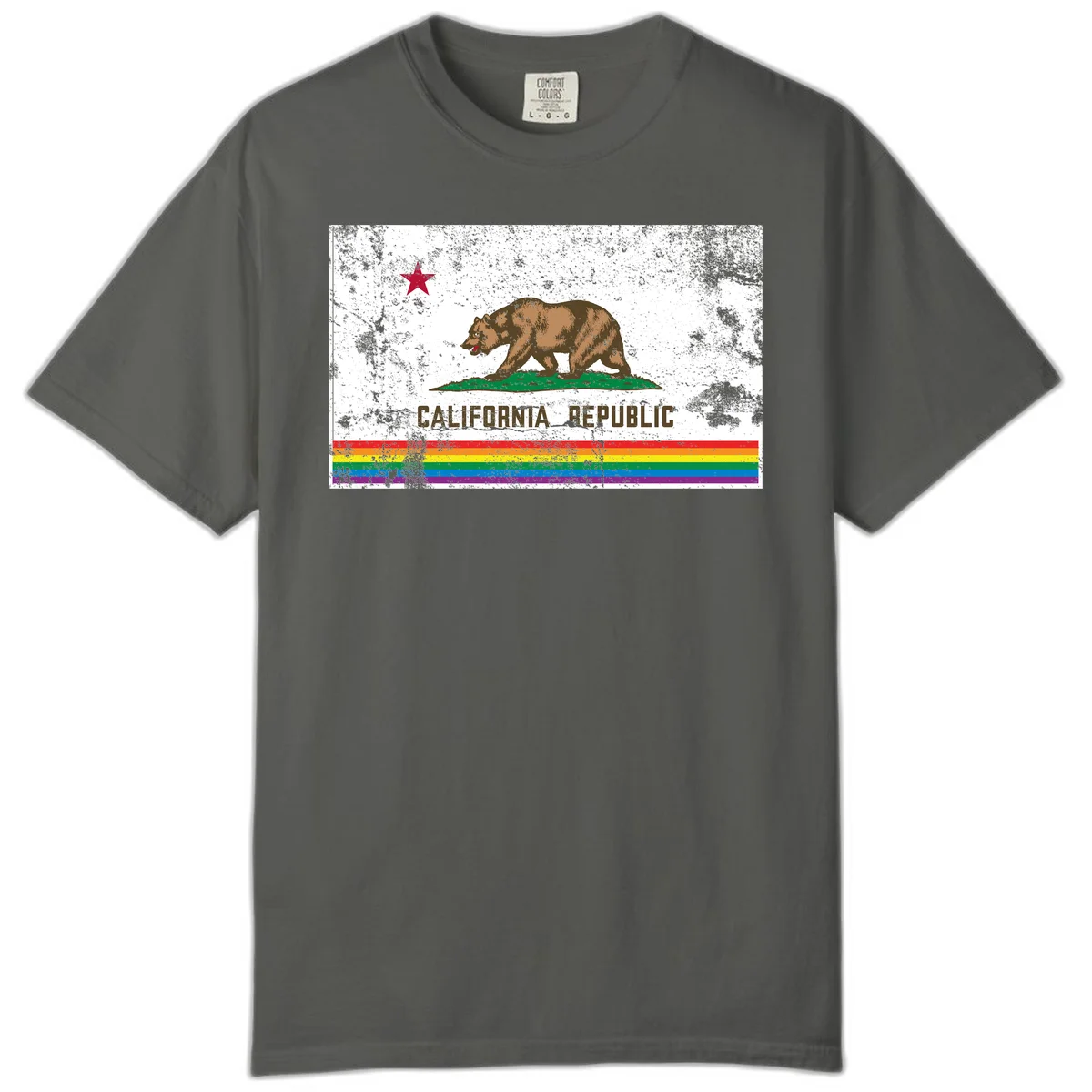 Distressed vintage California Republic flag bear with raised paw on green grass, red star above, CALIFORNIA REPUBLIC text, and rainbow pride stripes below in Pepper