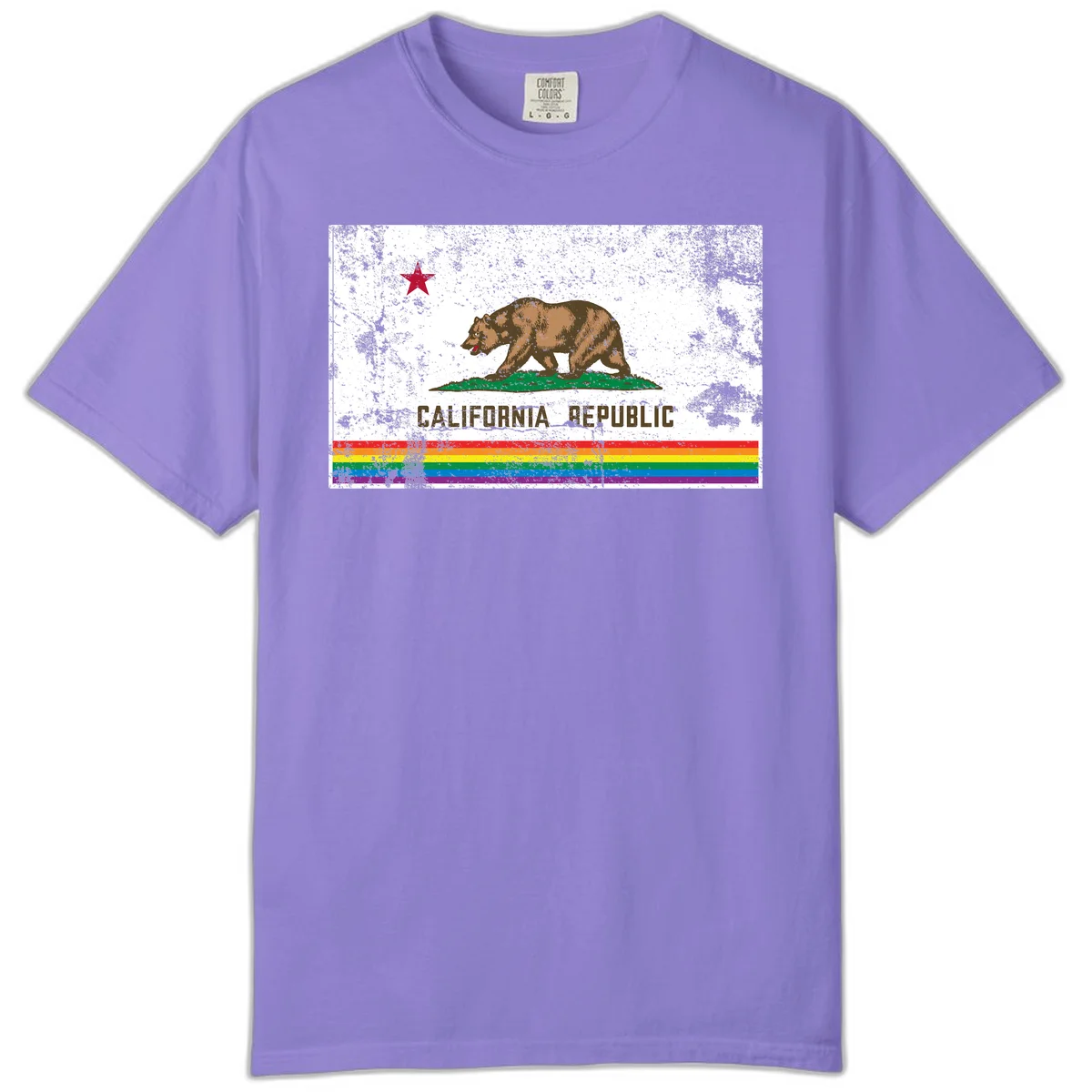Distressed vintage California Republic flag bear with raised paw on green grass, red star above, CALIFORNIA REPUBLIC text, and rainbow pride stripes below in Violet