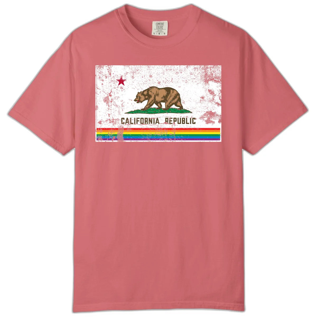 Distressed vintage California Republic flag bear with raised paw on green grass, red star above, CALIFORNIA REPUBLIC text, and rainbow pride stripes below in Watermelon