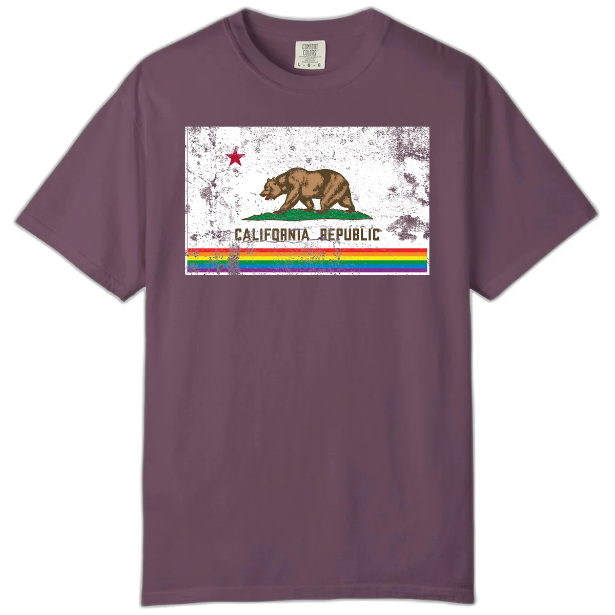 Distressed vintage California Republic flag bear with raised paw on green grass, red star above, CALIFORNIA REPUBLIC text, and rainbow pride stripes below in Berry