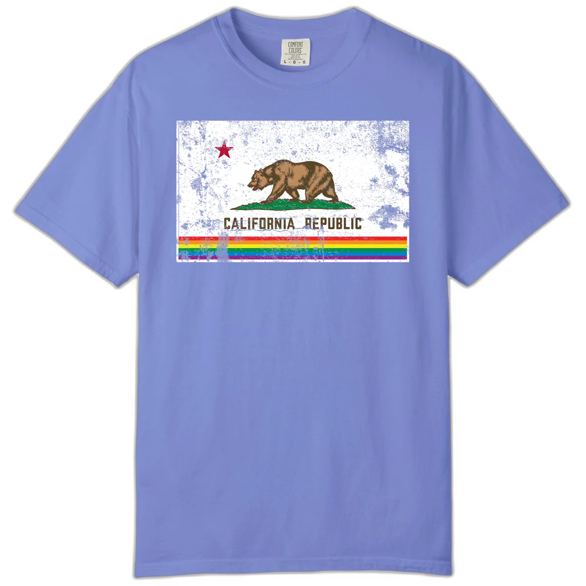Distressed vintage California Republic flag bear with raised paw on green grass, red star above, CALIFORNIA REPUBLIC text, and rainbow pride stripes below in Flo Blue