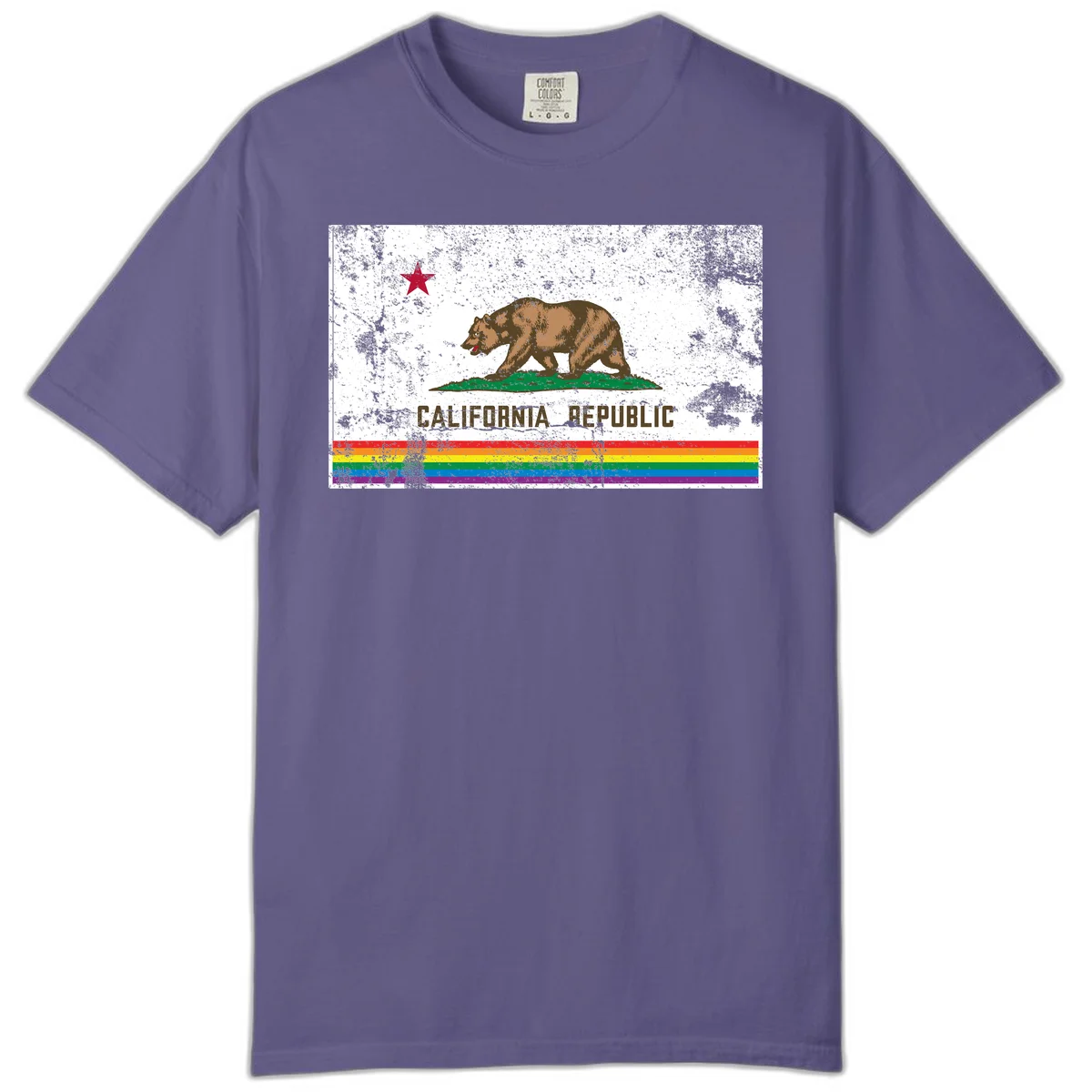Distressed vintage California Republic flag bear with raised paw on green grass, red star above, CALIFORNIA REPUBLIC text, and rainbow pride stripes below in Grape