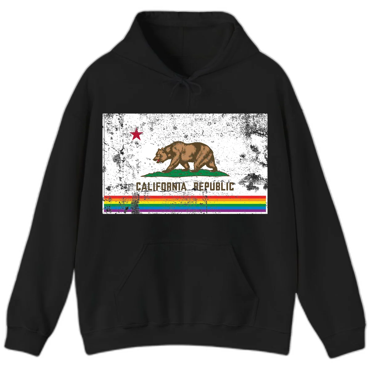 Distressed vintage California Republic flag bear with raised paw on green grass, red star above, CALIFORNIA REPUBLIC text, and rainbow pride stripes below in Black