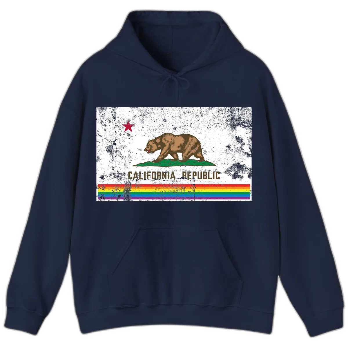 Distressed vintage California Republic flag bear with raised paw on green grass, red star above, CALIFORNIA REPUBLIC text, and rainbow pride stripes below in Navy