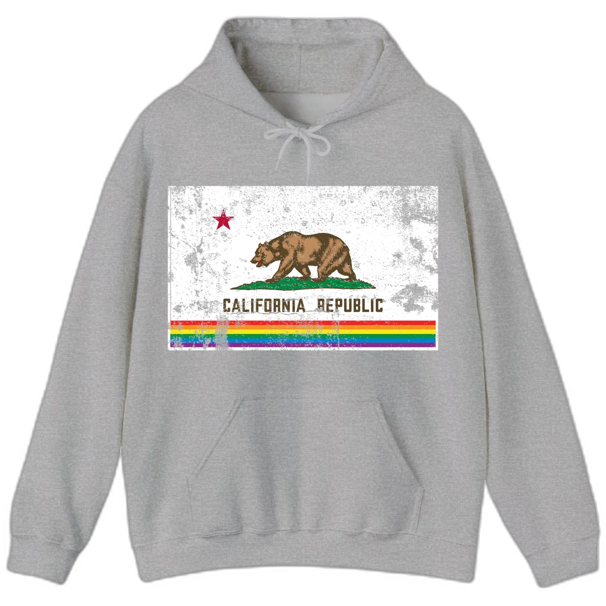 Distressed vintage California Republic flag bear with raised paw on green grass, red star above, CALIFORNIA REPUBLIC text, and rainbow pride stripes below in Sport Grey