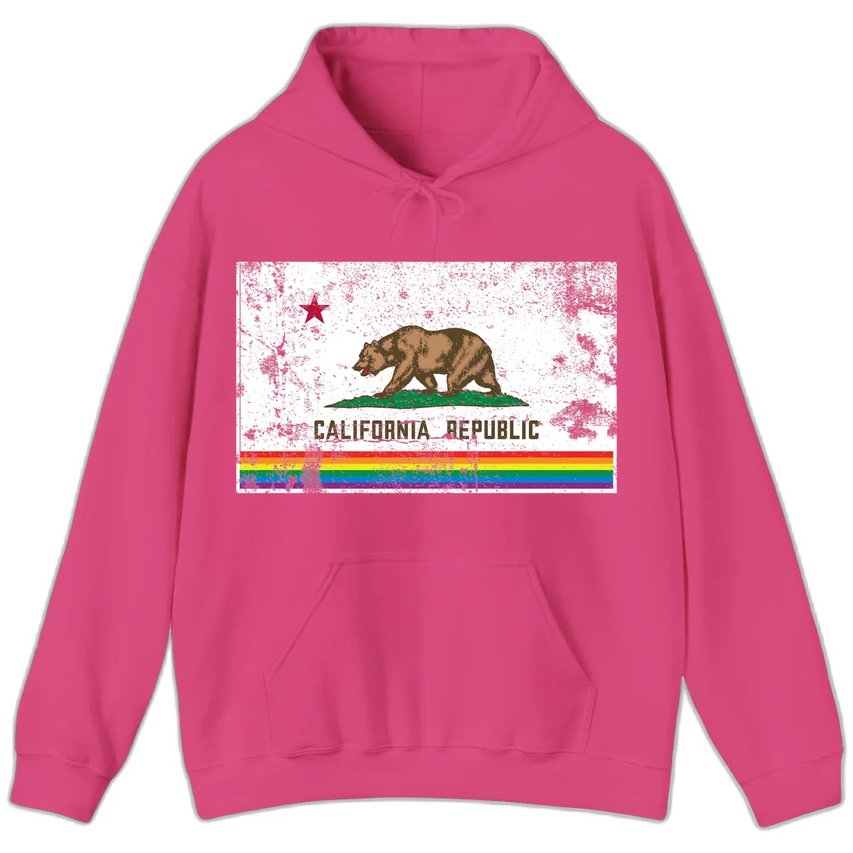 Distressed vintage California Republic flag bear with raised paw on green grass, red star above, CALIFORNIA REPUBLIC text, and rainbow pride stripes below in Heliconia