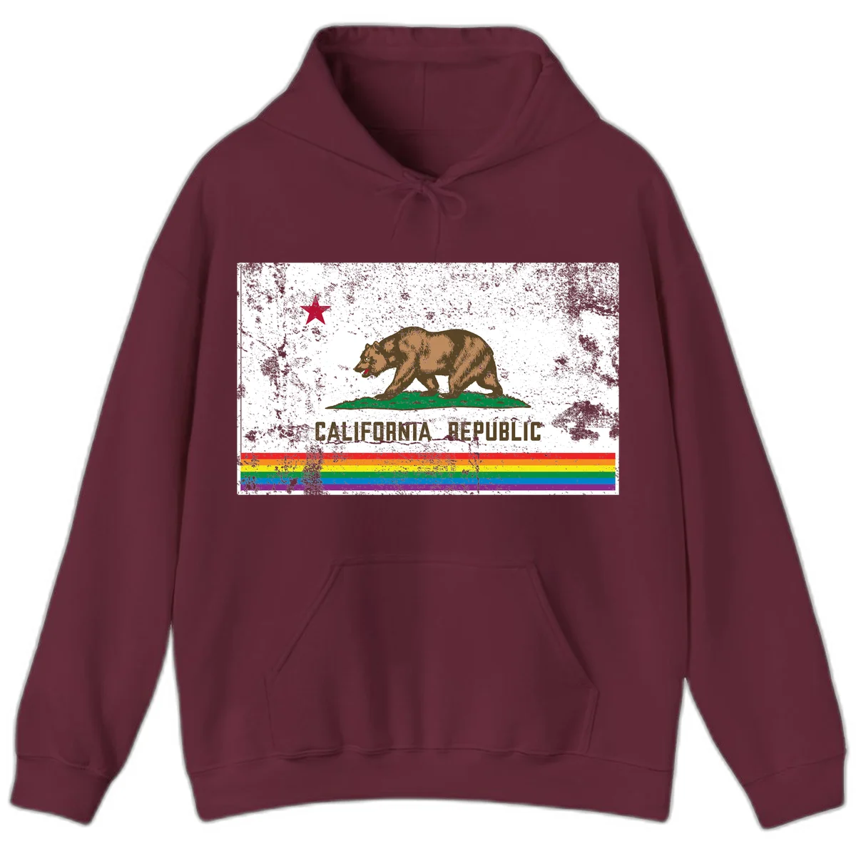 Distressed vintage California Republic flag bear with raised paw on green grass, red star above, CALIFORNIA REPUBLIC text, and rainbow pride stripes below in Maroon