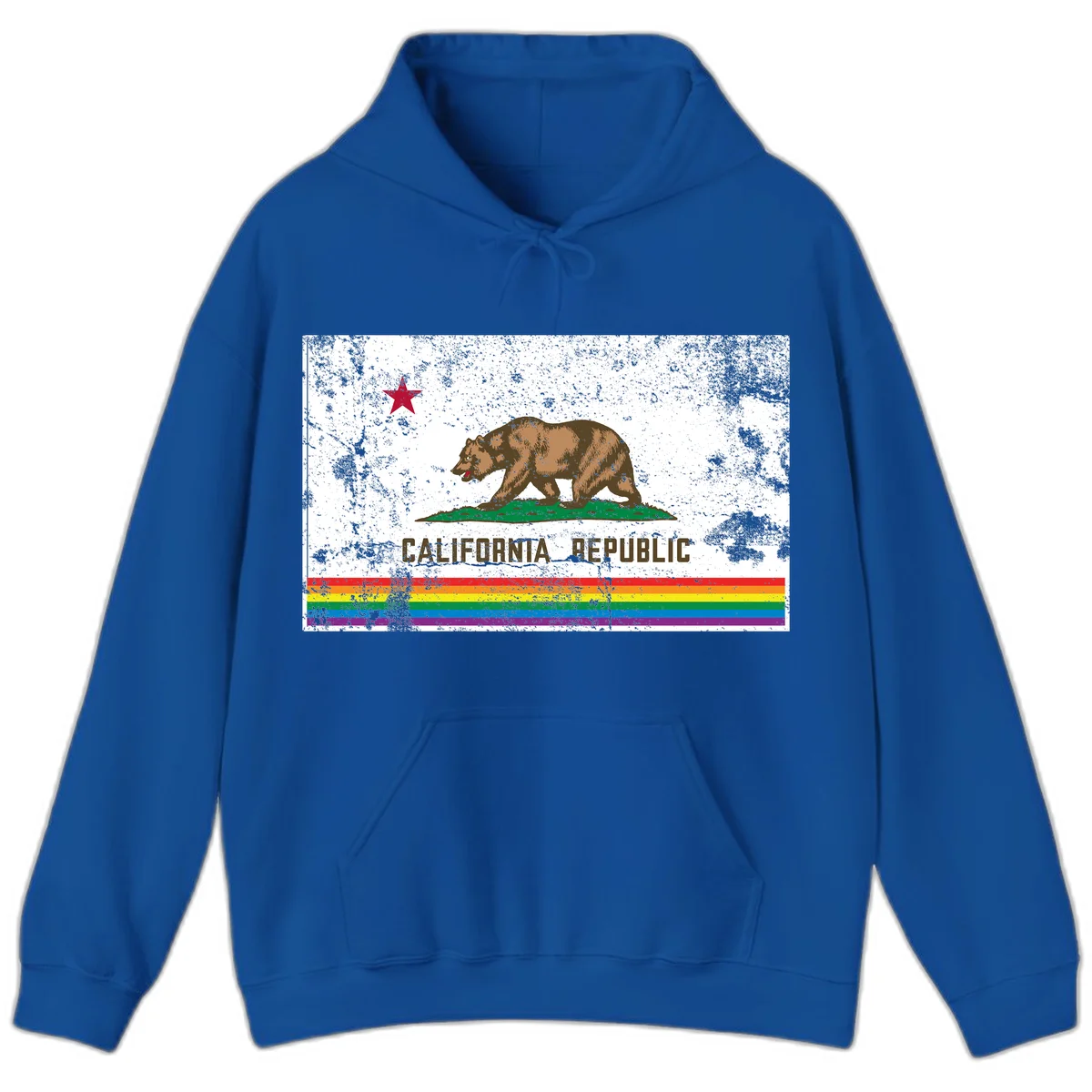 Distressed vintage California Republic flag bear with raised paw on green grass, red star above, CALIFORNIA REPUBLIC text, and rainbow pride stripes below in Royal