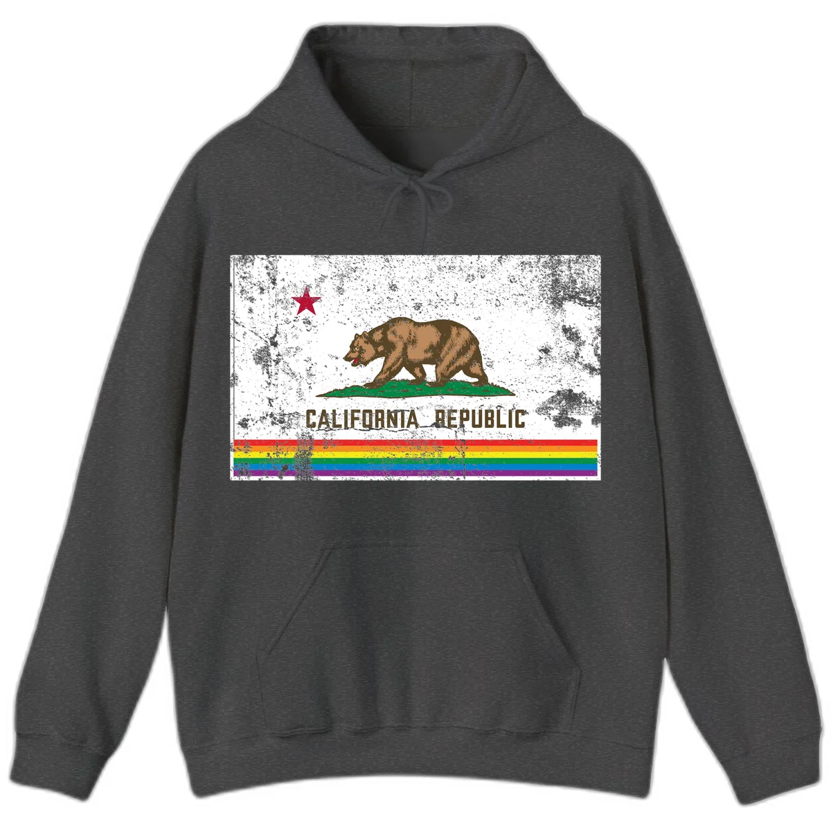 Distressed vintage California Republic flag bear with raised paw on green grass, red star above, CALIFORNIA REPUBLIC text, and rainbow pride stripes below in Dark Heather