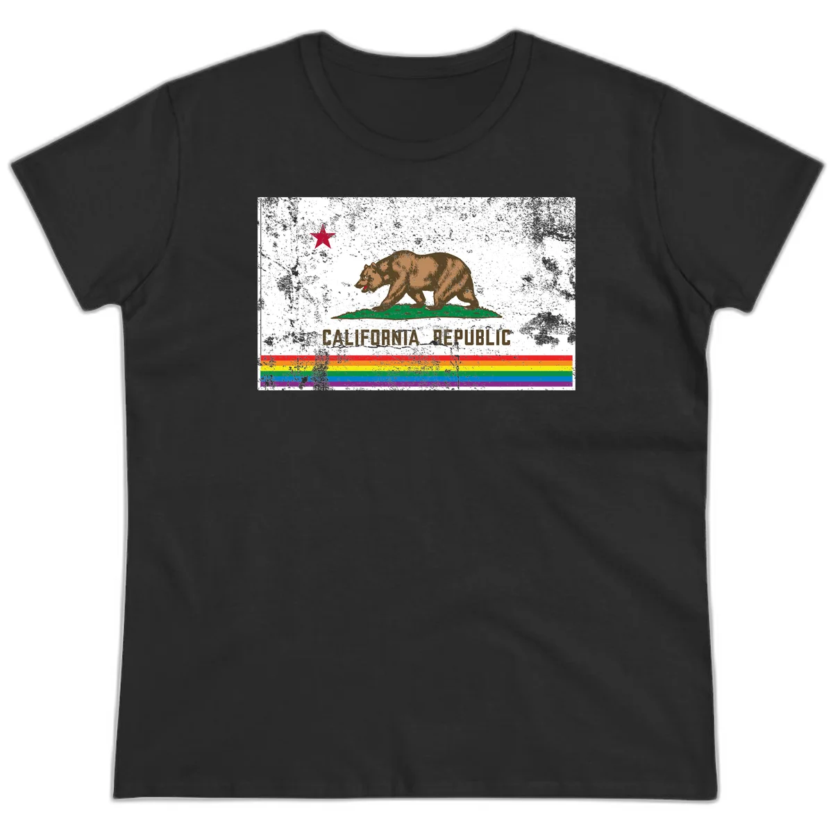 Distressed vintage California Republic flag bear with raised paw on green grass, red star above, CALIFORNIA REPUBLIC text, and rainbow pride stripes below in Black