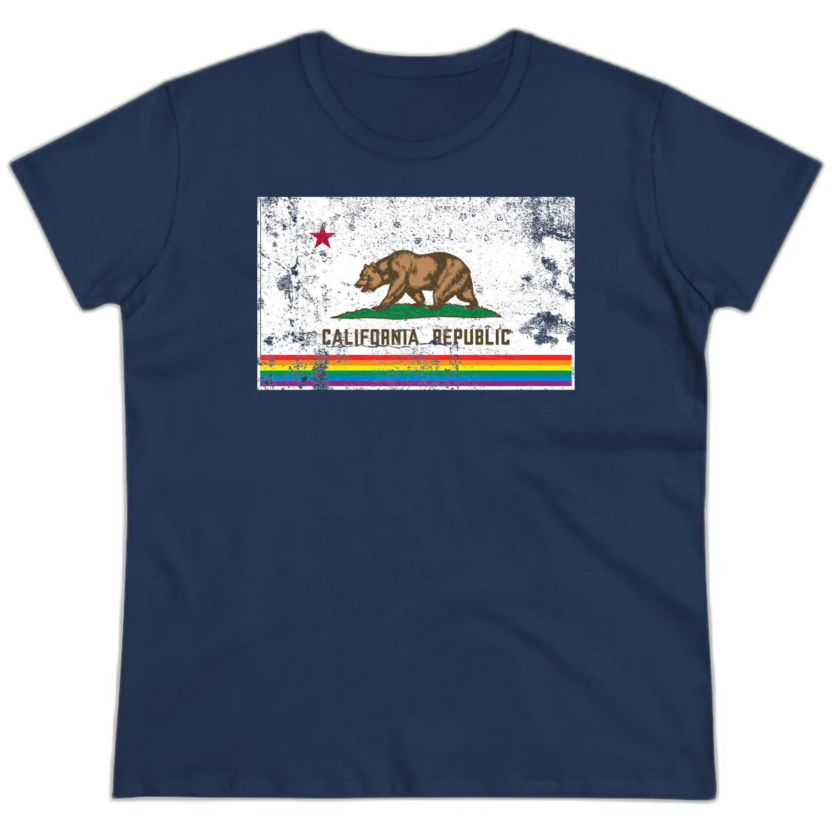 Distressed vintage California Republic flag bear with raised paw on green grass, red star above, CALIFORNIA REPUBLIC text, and rainbow pride stripes below in Navy